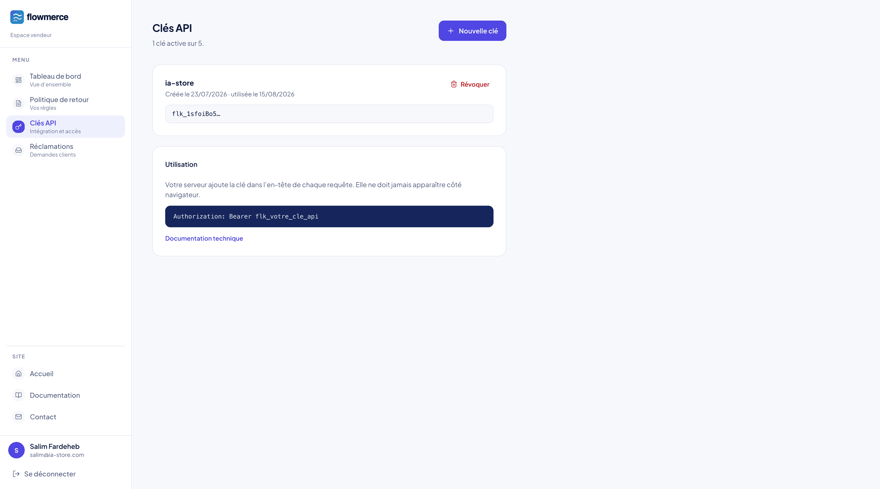 API keys and integration settings for the merchant's store