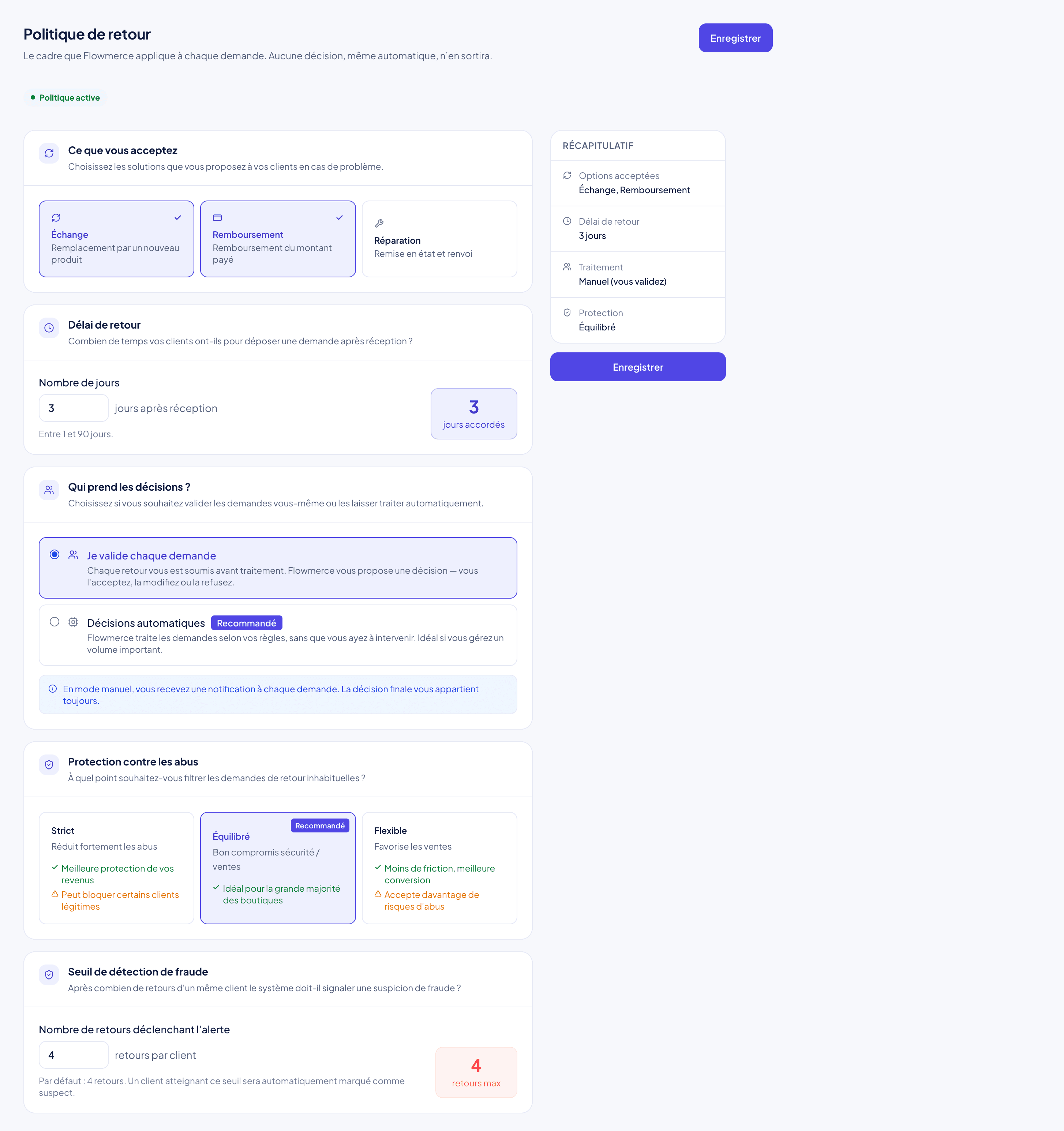 Return policy editor — conditions per product, reason and delay