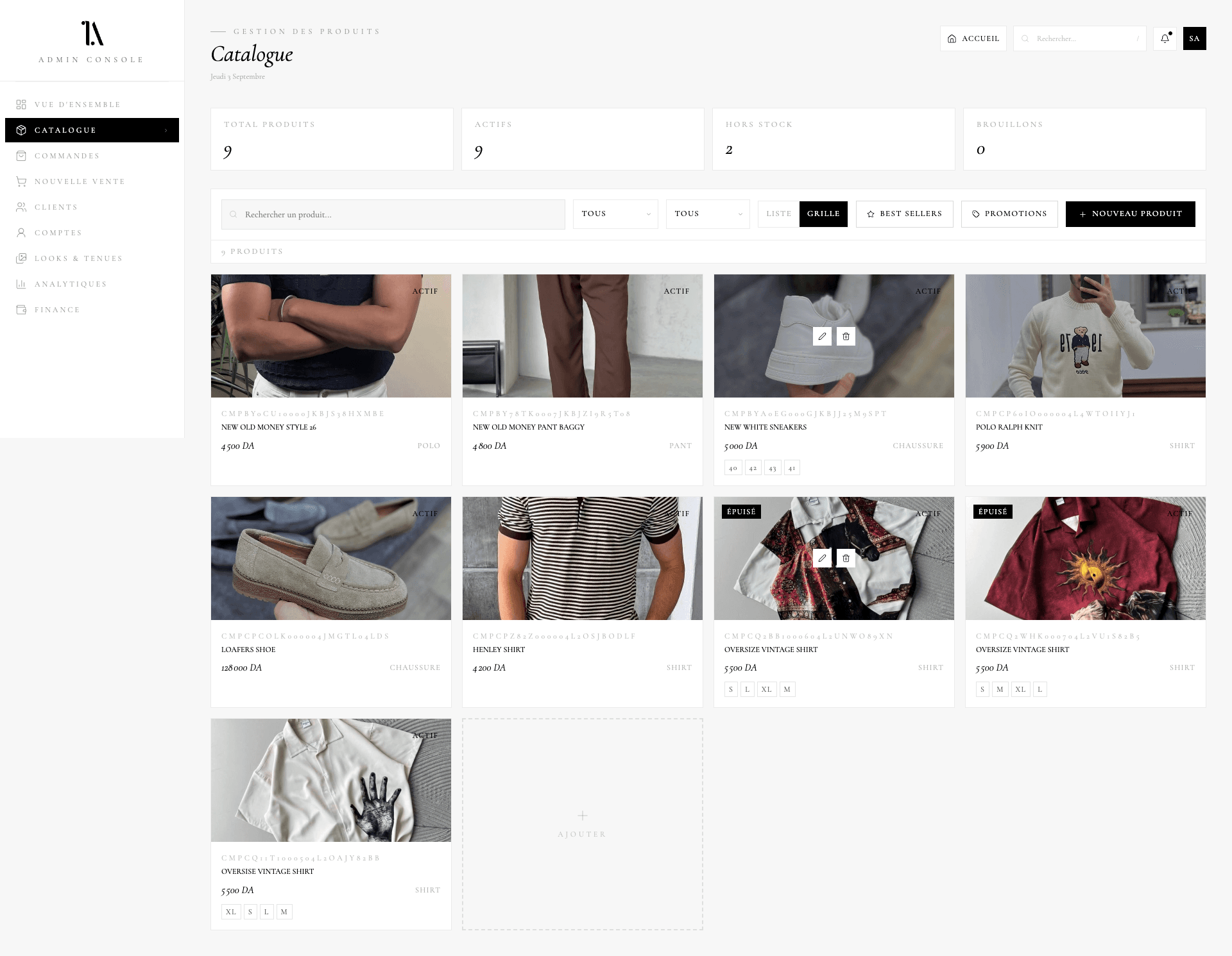 Catalogue management — products, variants and stock